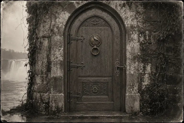 Closed arched Montague Society door with an antique key