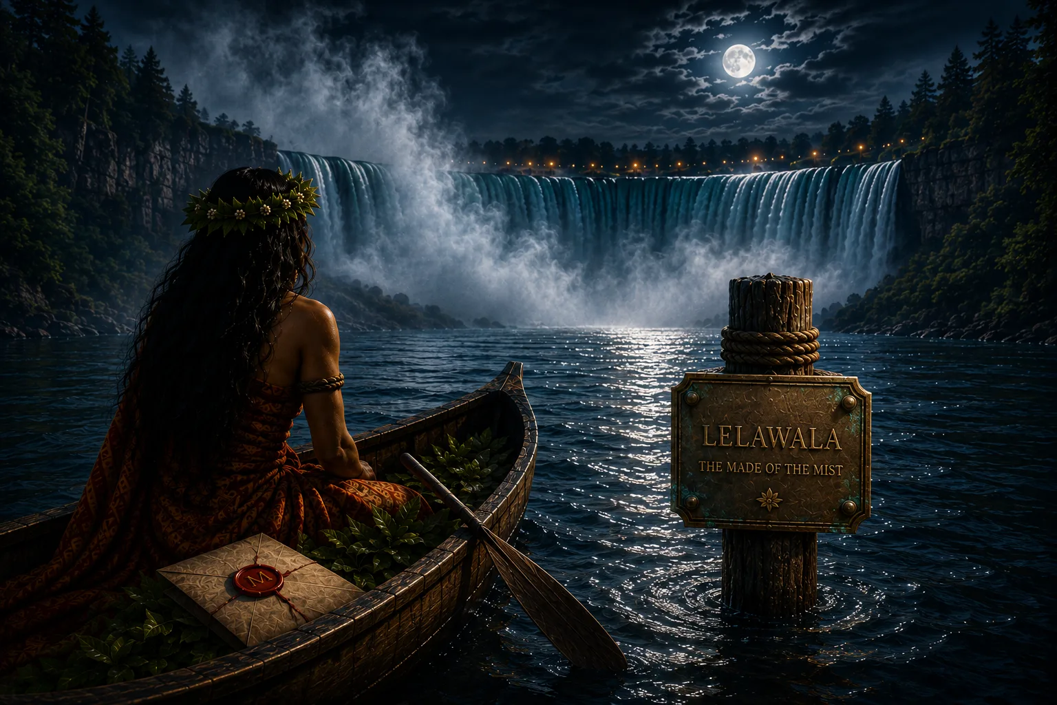Lelawala in a moonlit canoe facing the Falls, with a Keeper note and bronze archive plaque hidden within the scene
