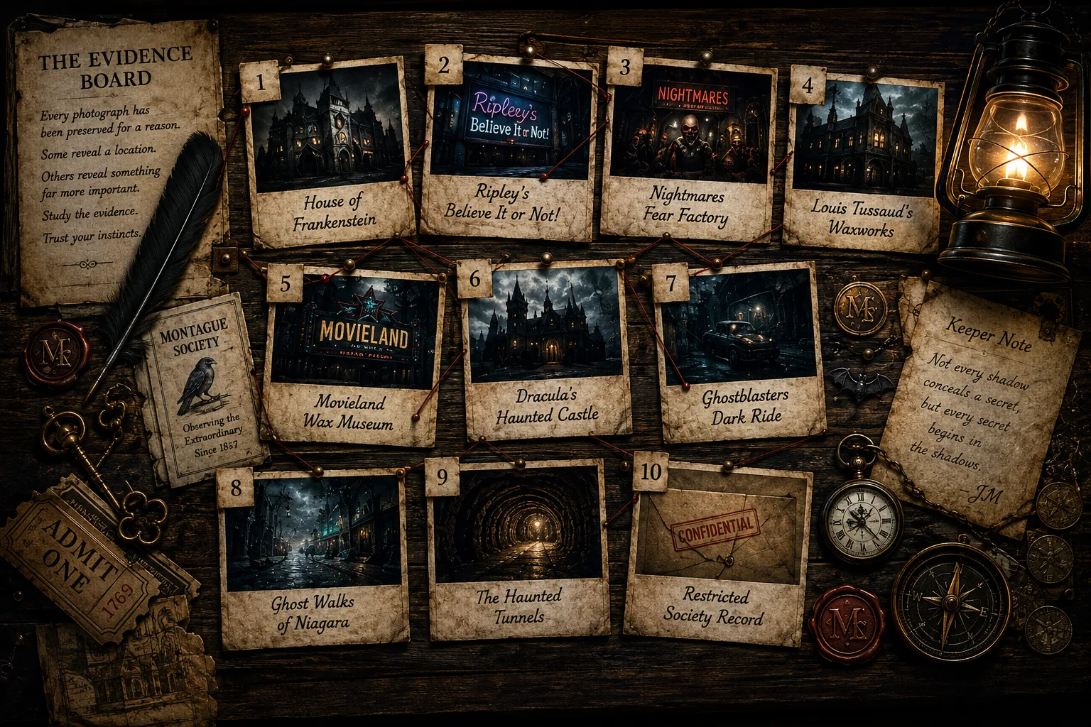 The Shadows evidence board containing ten numbered Society photographs, Keeper notes, wax seals, keys, a lantern, newspaper clippings and antique investigation objects.
