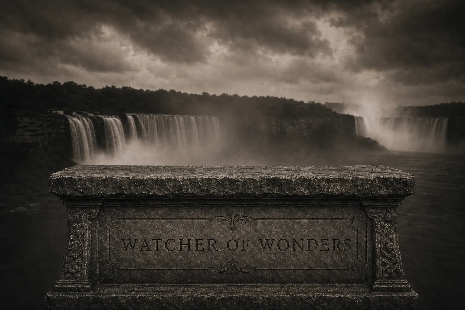 Carved Watcher of Wonders stone overlooking Niagara Falls